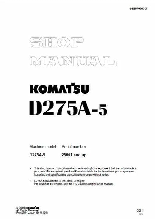 Komatsu D275A-5 Bulldozer Pdf Repair and Service Manual