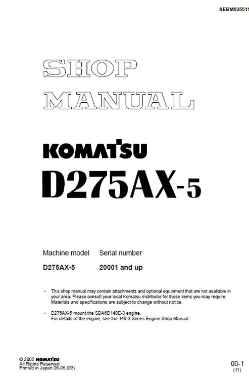 Komatsu D275AX-5 Bulldozer Pdf Repair and Service Manual