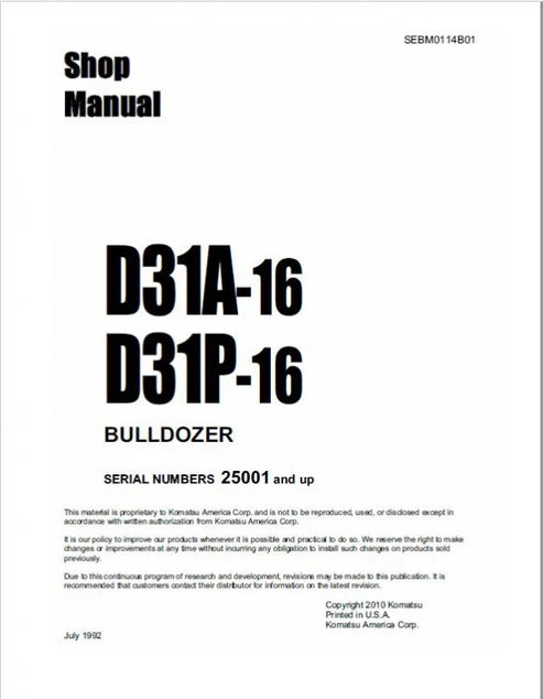 Komatsu D31A-16, D31P-16 Bulldozer Pdf Repair and Service Manual