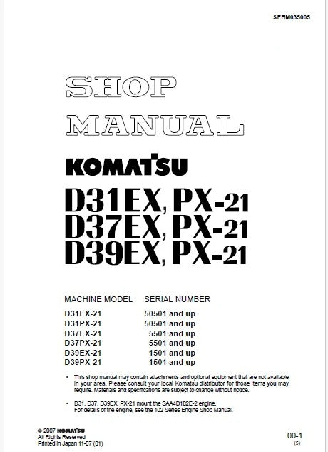 Komatsu D37EX-21, D37PX-21 Bulldozer Pdf Repair and Service Manual