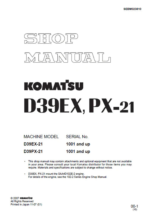 Komatsu D39EX-21, D39PX-21 Bulldozer Pdf Repair and Service Manual