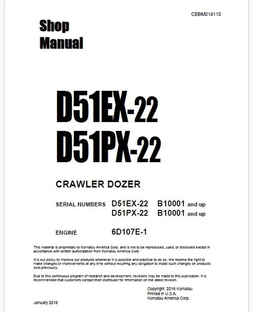 Komatsu D51EX-22, D51PX-22 Bulldozer Pdf Repair and Service Manual