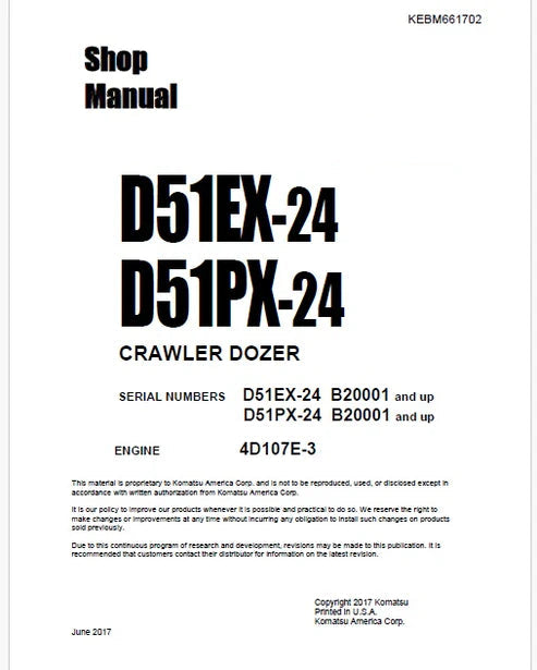Komatsu D51EX-24, D51PX-24 Bulldozer Pdf Repair and Service Manual Sn B20001 and UP (BRA)
