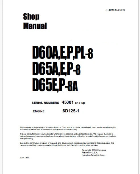 Komatsu D60A-8, D60E-8, D60P-8, D60PL-8, D65A-8, D65E-8, D65P-8, D65E-8A, D65P-8A Bulldozer Pdf Repair and Service Manual Sn 45001 and UP (JPN)