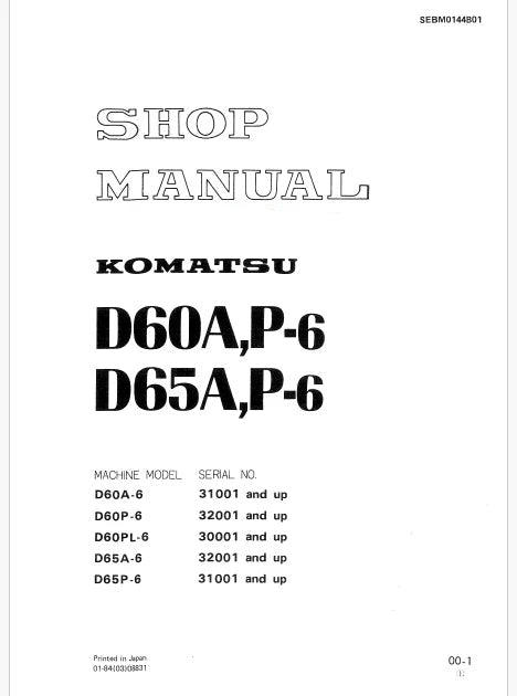 Komatsu D60P-6, D65A-6 Bulldozer Pdf Repair and Service Manual Sn 32001 and UP (JPN)