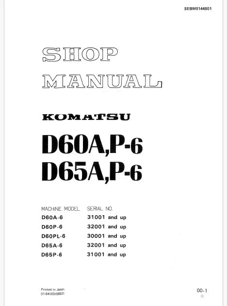 Komatsu D60PL-6 Bulldozer Pdf Repair and Service Manual Sn 30001 and UP (JPN)
