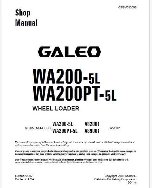 Komatsu Galeo WA200-5L Wheel Loader Pdf Repair and Service Manual Sn A82001 and UP