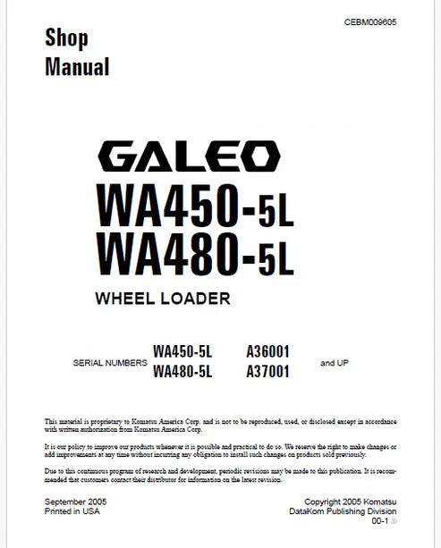 Komatsu Galeo WA480-5L Wheel Loader Pdf Repair and Service Manual Sn A37001 and UP