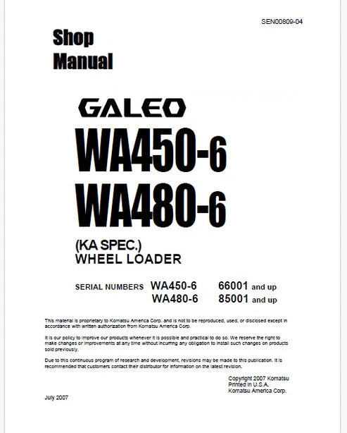 Komatsu Galeo WA480-6 Wheel Loader Pdf Repair and Service Manual Sn 85001 and UP