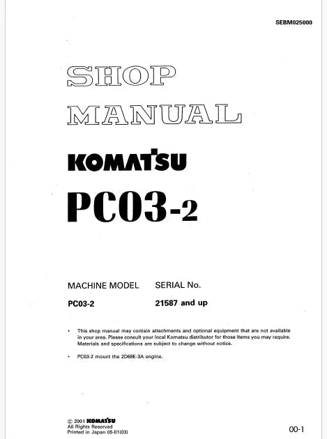 Komatsu PC03-2 Crawler Excavator Pdf Repair and Service Manual