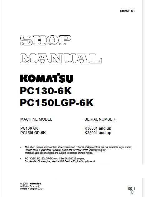 Komatsu PC150LGP-6K Hydraulic Excavator Pdf Repair and Service Manual Sn K35001 and UP (JPN)