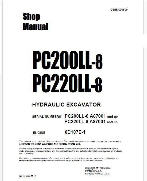 Komatsu PC200LL-8, PC220LL-8 Hydraulic Excavator Pdf Repair and Service Manual Sn A87001 and UP
