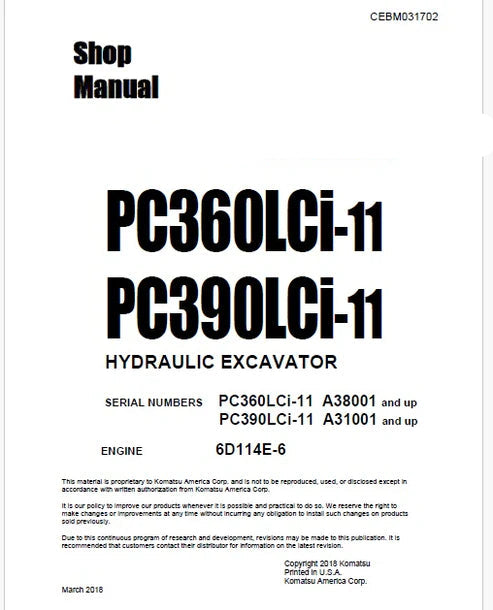 Komatsu PC360LCi-11 Hydraulic Excavator Pdf Repair and Service Manual Sn A38001 and UP