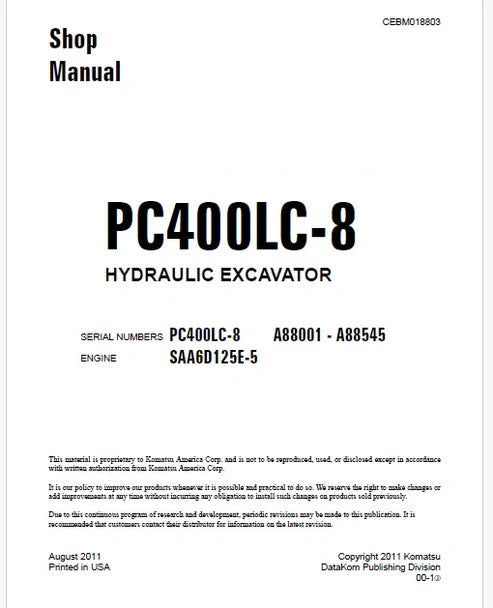 Komatsu PC400LC-8 Hydraulic Excavator Pdf Repair and Service Manual Sn A88001 - A88545 and UP
