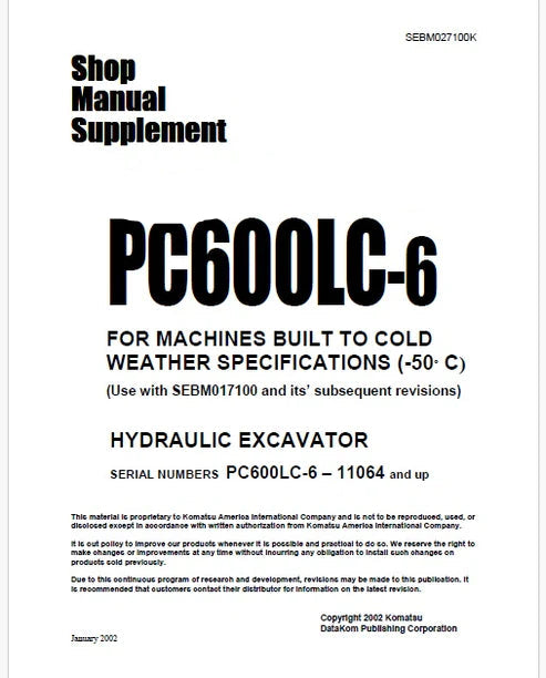 Komatsu PC600LC-6 Hydraulic Excavator Pdf Shop Manual Supplement Sn 11064 and UP