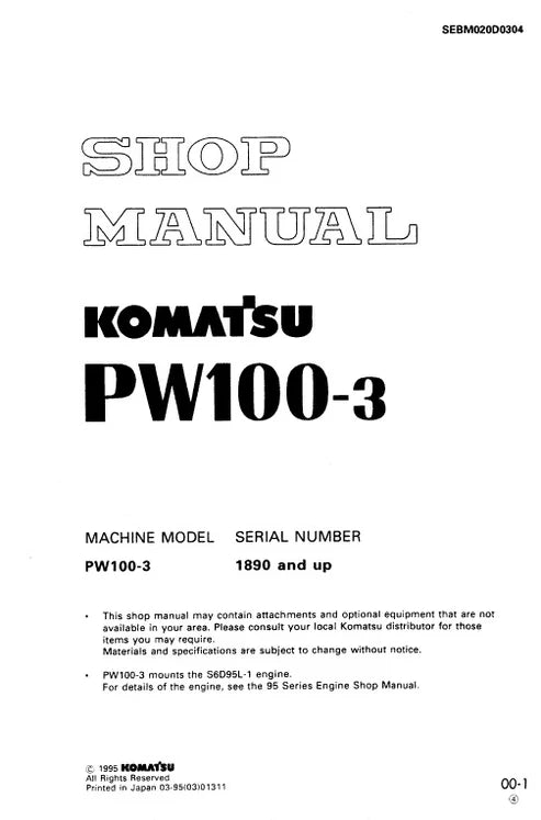 Komatsu PW100-3 Wheeled Excavator Pdf Repair and Service Manual Sn 1890 and UP