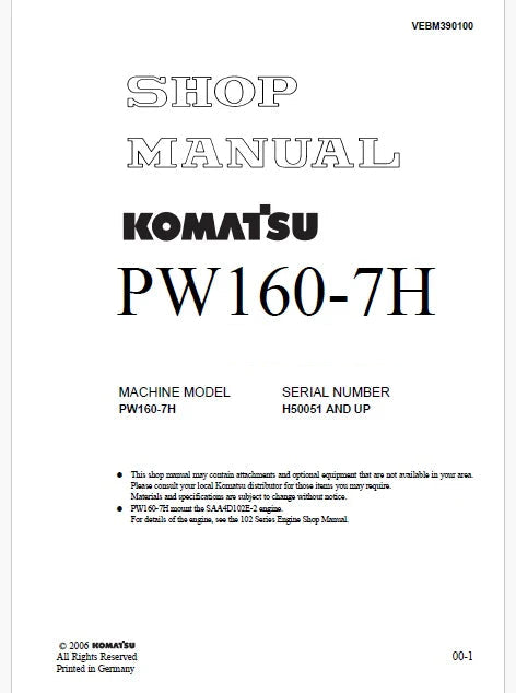 Komatsu PW160-7H Wheeled Excavator Pdf Repair and Service Manual Sn H50051 and UP