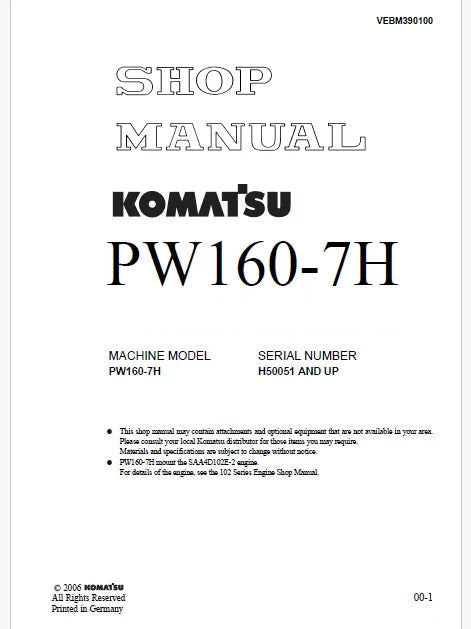 Komatsu PW160-7K Wheeled Excavator Pdf Repair and Service Manual Sn K40001 and UP