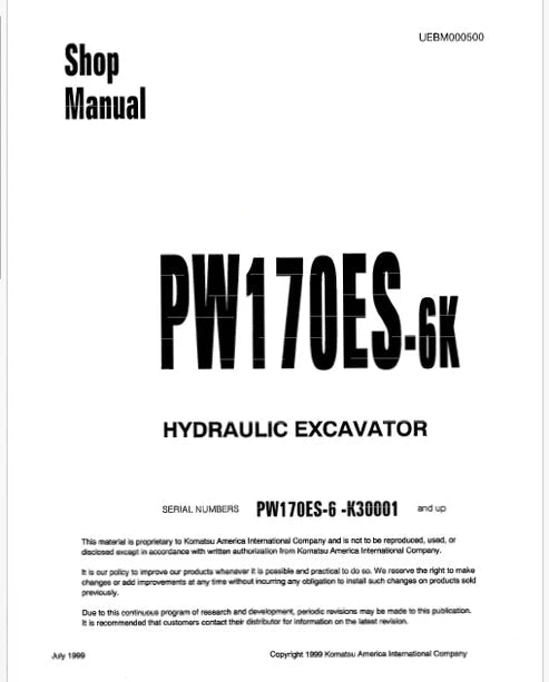 Komatsu PW170ES-6 Hydraulic Excavator Pdf Repair and Service Manual Sn K30001 and UP