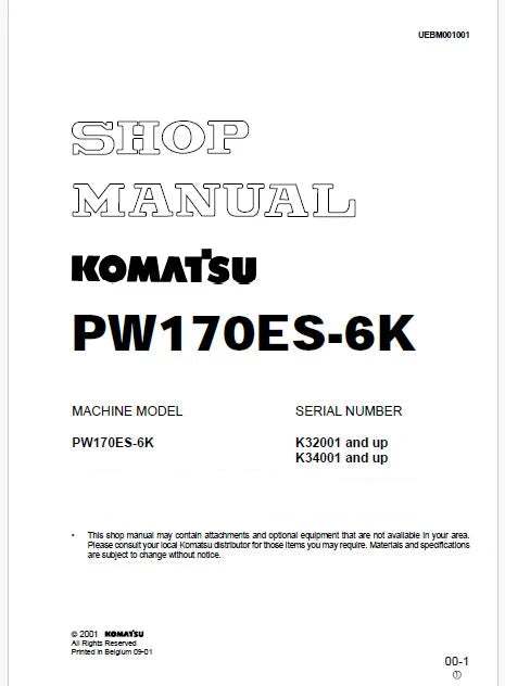 Komatsu PW170ES-6K Hydraulic Excavator Pdf Repair and Service Manual Sn K34001 and UP