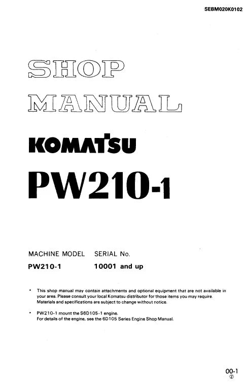 Komatsu PW210-1 Hydraulic Excavator Pdf Repair and Service Manual Sn 10001 and UP