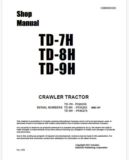 Komatsu TD-9H Crawler Tractor/Bulldozer Pdf Repair and Service Manual Sn P046275 and UP