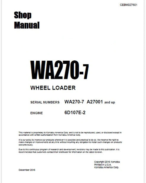 Komatsu WA270-7 Wheel Loader Pdf Repair and Service Manual Sn A27001 and UP