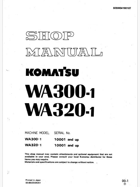 Komatsu WA300-1, WA320-1 Wheel Loader Pdf Repair and Service Manual Sn 10001 and UP