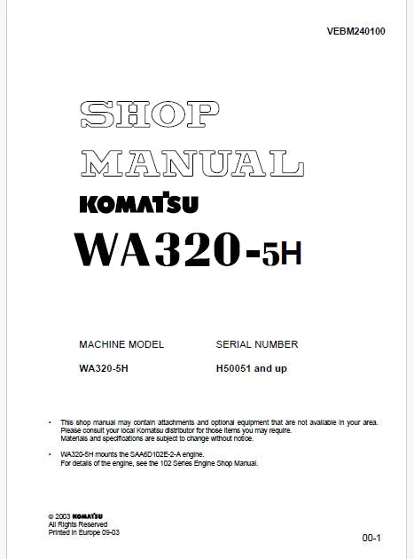 Komatsu WA320-5H Wheel Loader Pdf Repair and Service Manual Sn H50051 and UP