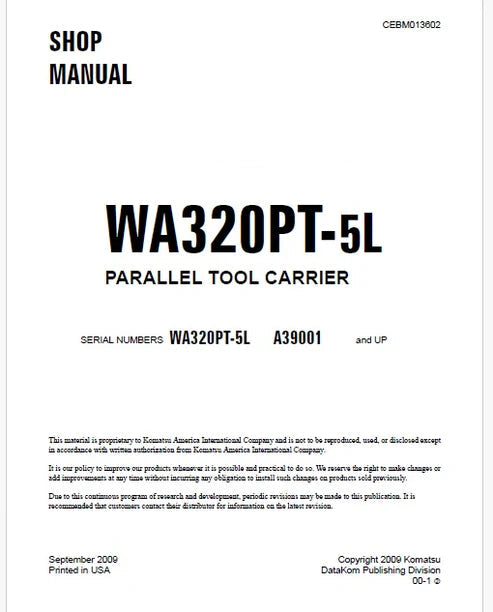 Komatsu WA320PT-5L Parallel Tool Carrier Pdf Repair and Service Manual Sn A39001 and UP