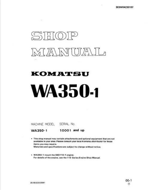 Komatsu WA350-1 Wheel Loader Pdf Repair and Service Manual Sn 10001 and UP