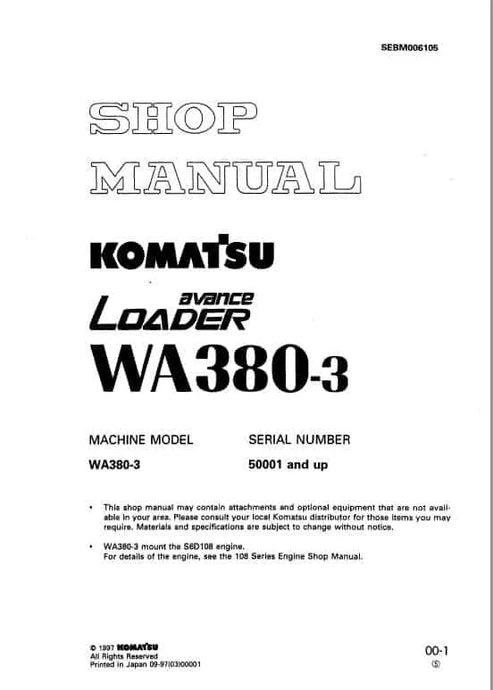 Komatsu WA380-3 Avance Wheel Loader Pdf Repair and Service Manual Sn 50001 and UP