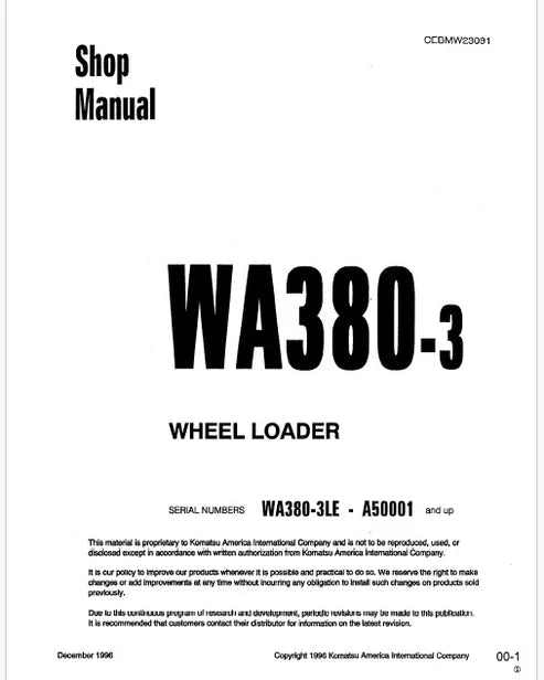 Komatsu WA380-3 LE Wheel Loader Pdf Repair and Service Manual Sn A50001 and UP