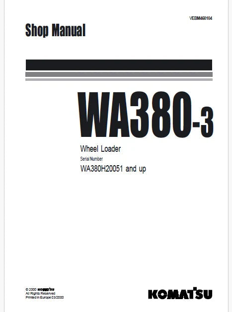 Komatsu WA380-3 Wheel Loader Pdf Repair and Service Manual Sn WA380H20051 and UP