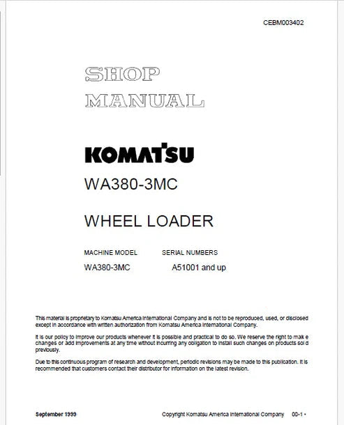 Komatsu WA380-3MC Wheel Loader Pdf Repair and Service Manual Sn A51001 and UP