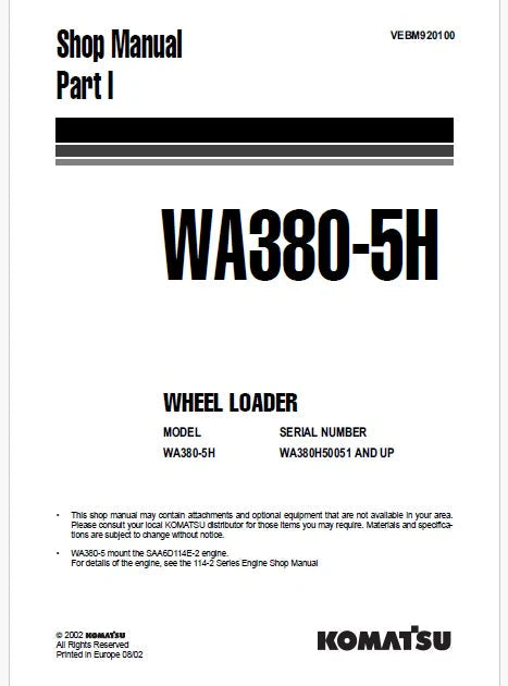 Komatsu WA380-5H Wheel Loader Pdf Repair and Service Manual Sn WA380H50051 and UP