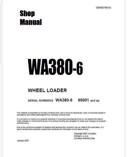 Komatsu WA380-6 Wheel Loader Pdf Repair and Service Manual Sn 65001 and UP