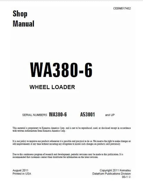 Komatsu WA380-6 Wheel Loader Pdf Repair and Service Manual Sn A53001 and UP