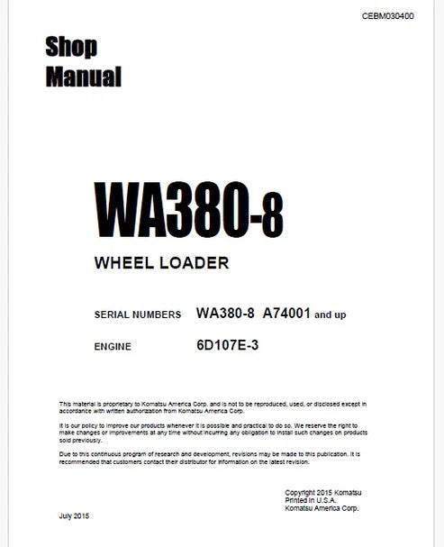 Komatsu WA380-8 Wheel Loader Pdf Repair and Service Manual Sn A74001 and UP