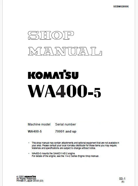 Komatsu WA400-5 Wheel Loader Pdf Repair and Service Manual Sn 70001 and UP