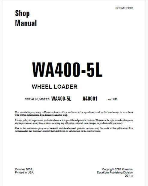 Komatsu WA400-5L Wheel Loader Pdf Repair and Service Manual Sn A40001 and UP