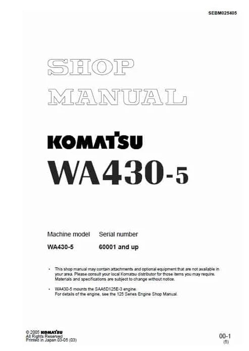 Komatsu WA430-5 Wheel Loader Pdf Repair and Service Manual Sn 60001 and UP
