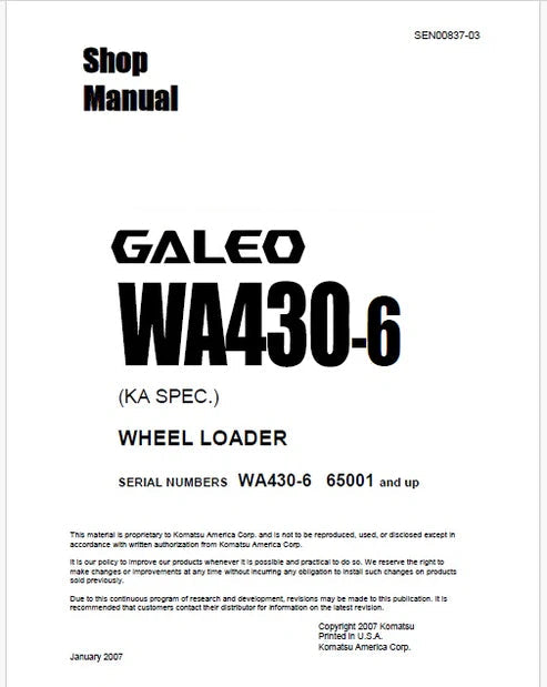 Komatsu WA430-6 Wheel Loader Pdf Repair and Service Manual Sn 65001 and UP