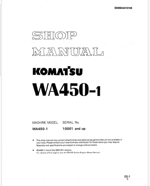 Komatsu WA450-1 Wheel Loader Pdf Repair and Service Manual Sn 10001 and UP