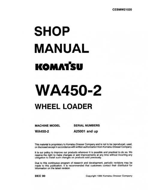 Komatsu WA450-2 Wheel Loader Pdf Repair and Service Manual Sn A25001 and UP