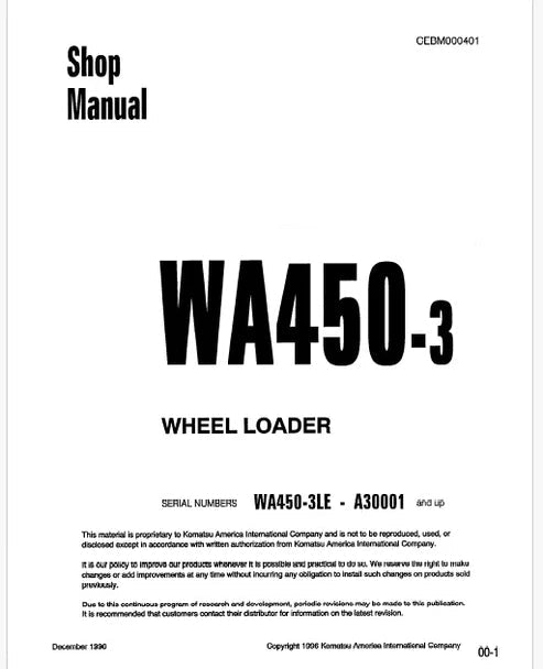 Komatsu WA450-3 LE Wheel Loader Pdf Repair and Service Manual Sn A30001 and UP