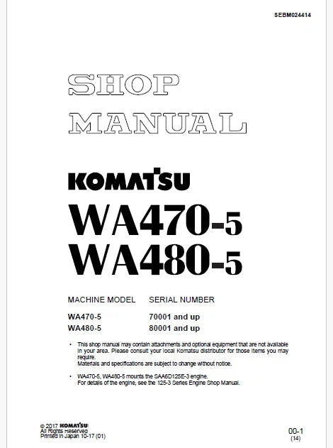 Komatsu WA470-5 Wheel Loader Pdf Repair and Service Manual Sn 70001 and UP