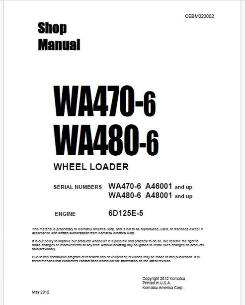 Komatsu WA470-6 Wheel Loader Pdf Repair and Service Manual Sn A46001 and UP