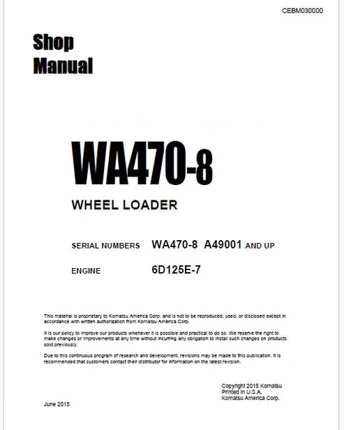 Komatsu WA470-8 Wheel Loader Pdf Repair and Service Manual Sn A49001 and UP