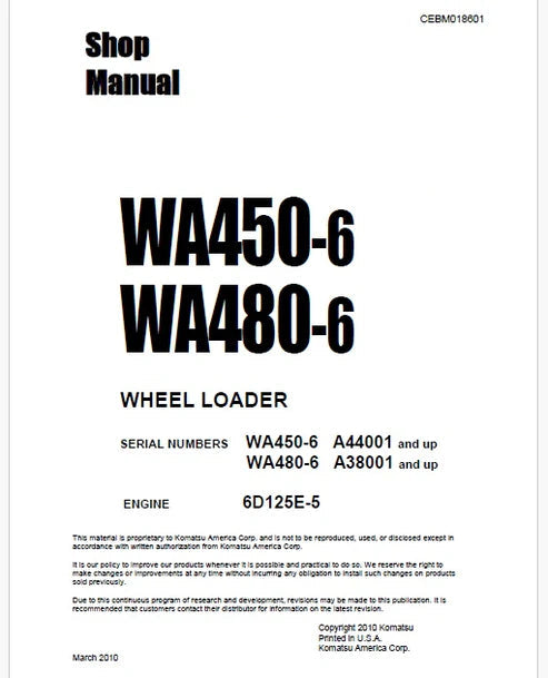 Komatsu WA480-6 Wheel Loader Pdf Repair and Service Manual Sn A38001 and UP